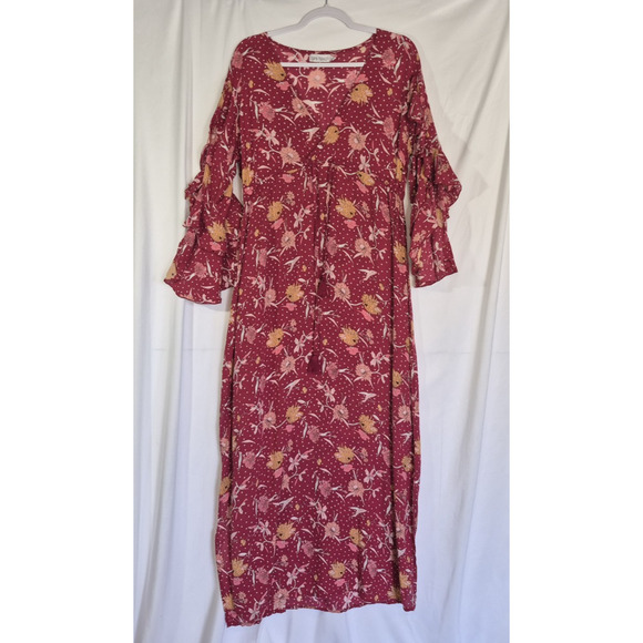 Tiare Hawaii Womens Burgundy Floral Maxi Dress S/M/L One Size Bell Sleeve - Picture 1 of 7